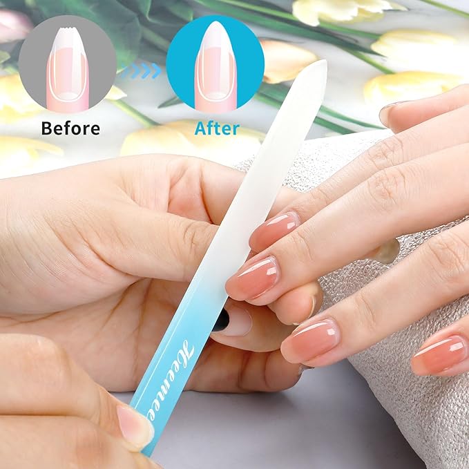 Glass Nail Files - Double Sided 180/320 Grit with Case, Ideal for Natural Nails - Blue
