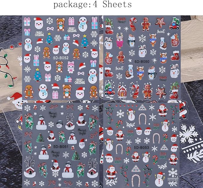 4 Sheets Christmas Nail Stickers for Nail Art, 5D Embossed Self-Adhesive Nail Decals, Mushroom Nail Supplies Nail Art Design Accessories for Women and Girls Manicure DIY Decoration
