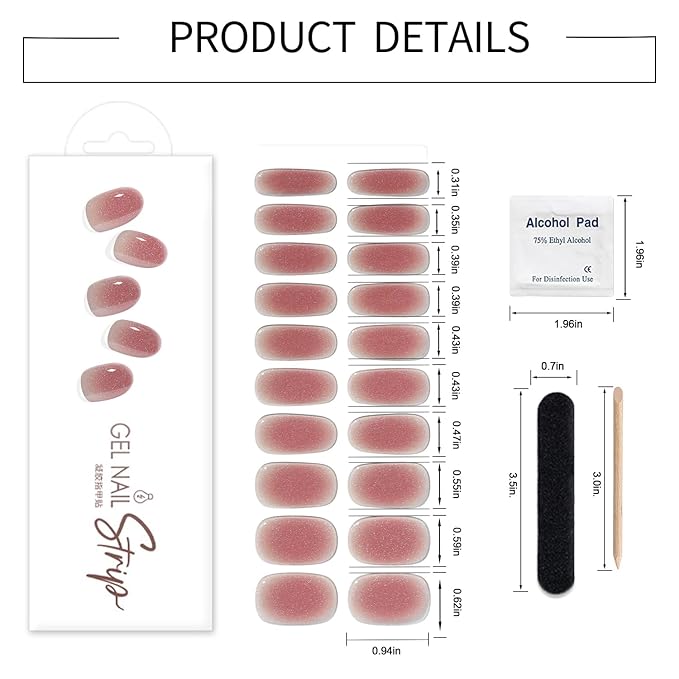 WOKOTO 1 Sheet Semi Cured Gel Nail Strips With Wood Stick, Nail File & Prepared Pads, 20 Tips Transparent Red Glitter Semi Cured Nail Polish Strips Stickers, Harden With UV Light Gel Nail Stickers