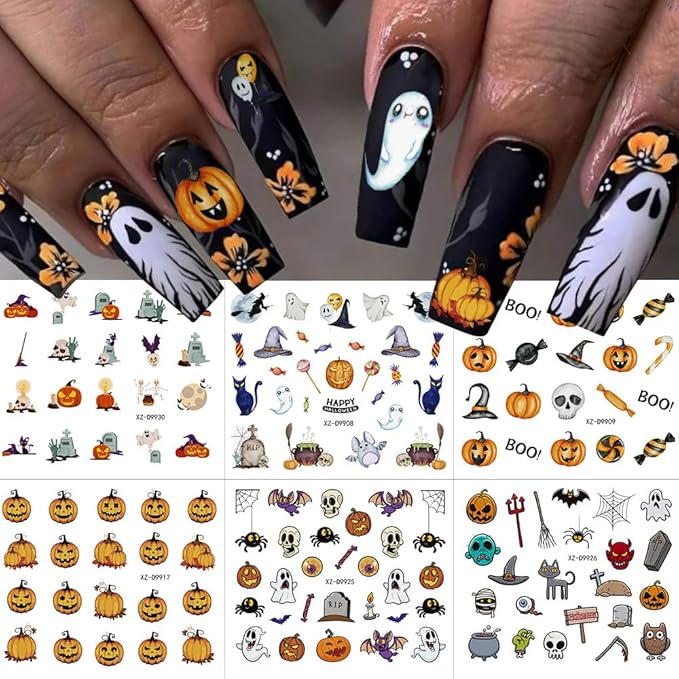 30 Sheets Halloween Nail Stickers for Nail Art, 3D Self-Adhesive Pumpkin Cat Nail Decals, Spider Bloody SkullNail Supplies Design Accessories for Women and Girls Manicure DIY Decoration