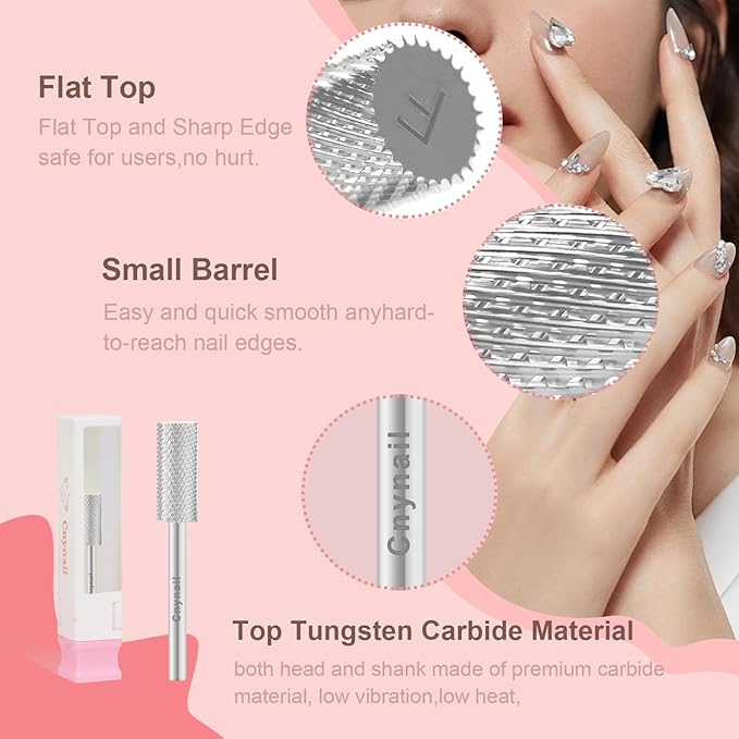 3/32" 5.35MM Small Barrel Flat Top Bit Tungsten Carbide Nail Drill Bit Safety Bit for Gel & Acrylic Removal, 2-Way Rotating Efile Tip, Salon Electric File Accessory (F Grit, Silver)