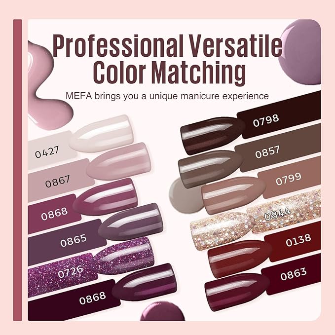 MEFA 19 Pcs Gel Nail Polish Kit with U V Light, 12 Colors Fall Gel Nail Polish Set Burgundy Red Champagne Gold Glitter Soak Off Purple Manicure Tools Beginners Salon Art Nails Art DIY for Women