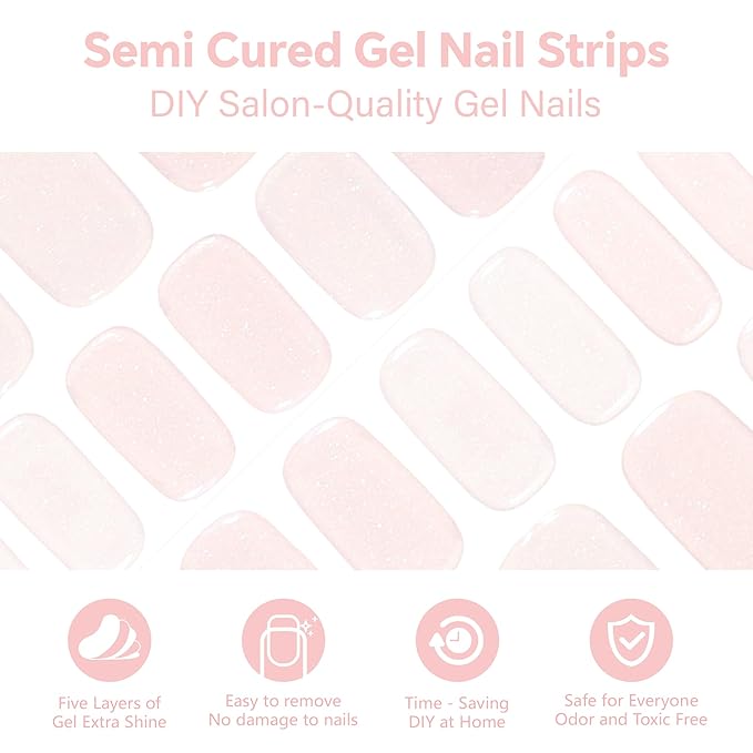 Semi Cured Gel Nail Strips-Salon Quality Semi-Cured Gel Press On Nails Stickers Strengthening Quick DIY Nail Art Manicure Kits for Women at Home 14-Day Wear(Romantic Pink)