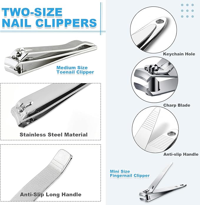 20-Pack Stainless Steel Fingernail & Toenail Nail Clippers Bulk Set - 12 Small + 8 Medium Size with Storage Pouch, Manicure Kit for Men/Women Travel, Gifts, Homeless Care Supplies