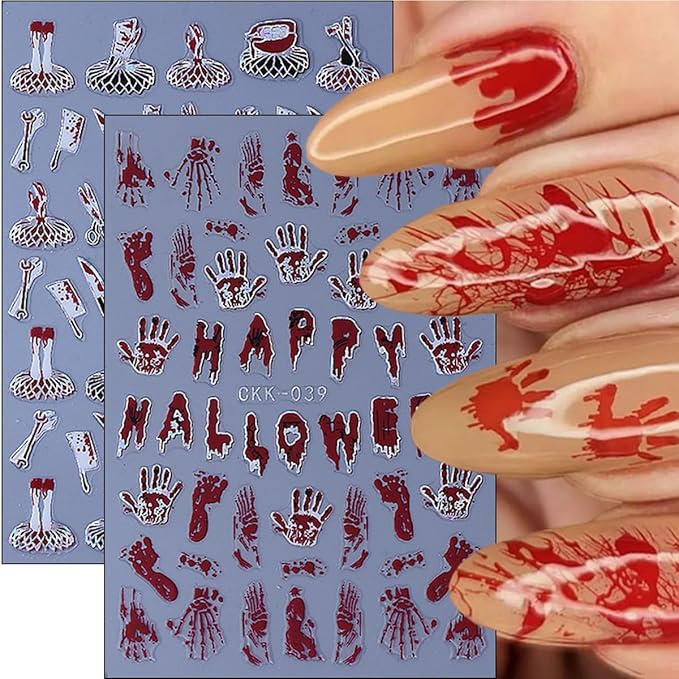 6Pcs Halloween Nail Stickers 3D Horror Skeleton Nail Decals Self Adhesive Snake Ghost Blood Hand Bone Knife Design Goth Nail Art Sticker Laser Skull Spider Nail Supplies for Women DIY Holiday Manicure