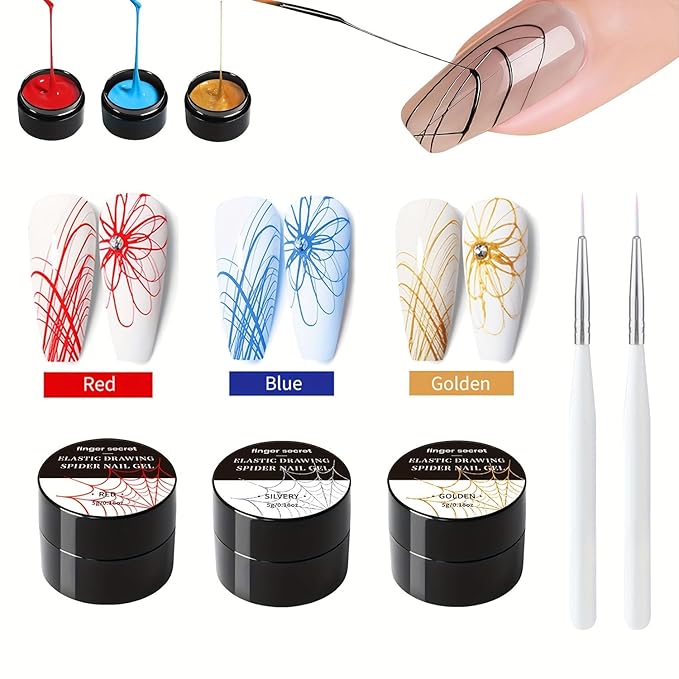 5g/0.18oz Spider Nail Gel Kit for Nail Painting Nails Art Design for Art Wire Drawing Nail Gel for Line with Brushes (Red Golden Blue)
