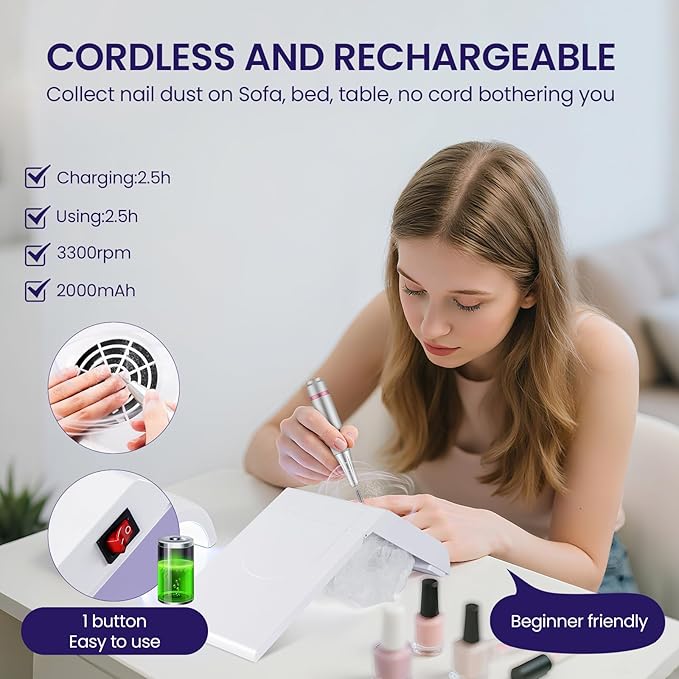 Mini Rechargeable Nail Dust Collector for Personal Use at Home，cordless Small Quiet Vacuum Nail Fan Dust Collector Vent for Nail Art, Foldable Design, 2 Filter Bags