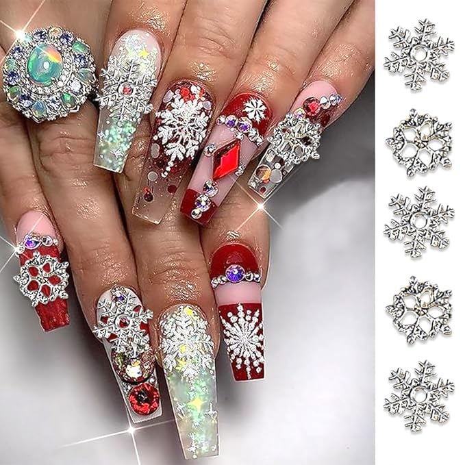 20Pcs Christmas Nail Charms Silver Snowflake Nail Rhinestones for Nails Art 3D Luxury Bling White Nail Gems Winter Cute Pearl Nail Jewelry Christmas Snowflake Bling Nail Charms for Women Acrylic Nails