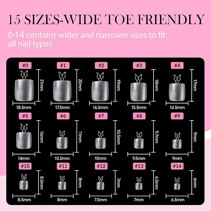 Square Toe Nail Tips, 504Pcs 15 Sizes Full Cover Press On Toenails for Women, Long Wider Pre-etched Double Matte Fake Toenails for Big Toe Nail Extensions Home DIY Salon Soak Off