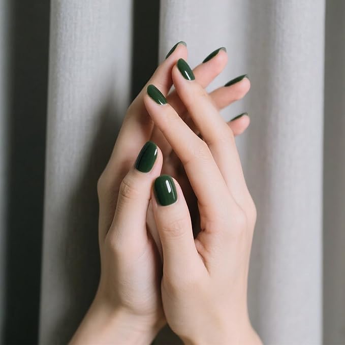 Semi Cured Gel Nail Strips-Beginner Friendly Semi-Gel Press Ons,Bubble-Free Application,5 Min DIY,Short Coffin Shape,Works with Any UV/LED Lamps(Cream Moss)