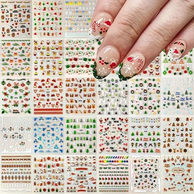 60 Sheets Christmas Nail Stickers for Nail Art, 2000+ Pcs 3D Self-Adhesive Snowflake Nail Decals, Deer Elk Trees Nail Supplies Nail Art Designs Accessories for Women and Girls Manicure DIY Decoration