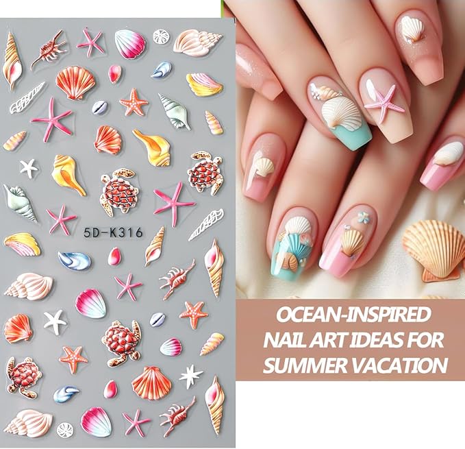 2pcs Summer Nail Stickers Starfish Seashell Turtle 5D Acrylic Engraved Nail Decals Ocean Theme Self-Adhesive Sliders Beach Nail Stickers for Women Girl Manicure Decoration Nails Supplies