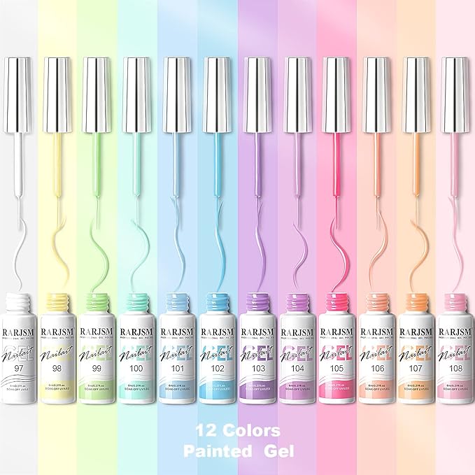 RARJSM Nail Art Gel Liner Painting Polish Set,12 Pastel Colors Spring Summer Collection,Painted Gel Nail Polish Set Build in Thin Brush Soak Off Curing Requires Salon DIY Nail Design Line Art 8ML