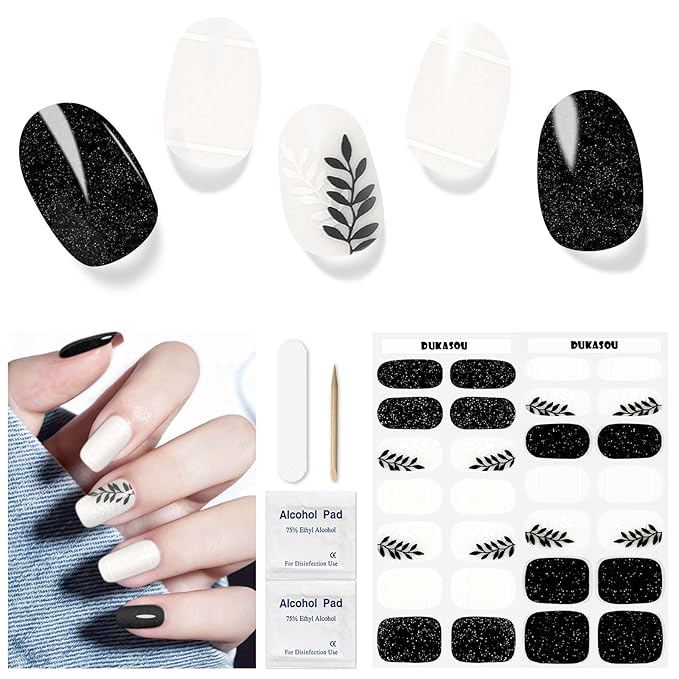 Semi Cured Gel Nail Strips,28 PCS Fall Nail Art Stickers (Falling Leaves),Gel Stickers for Nails UV Light,Nail Polish Strips Includes Prep Pads, Nail File & Wood Stick