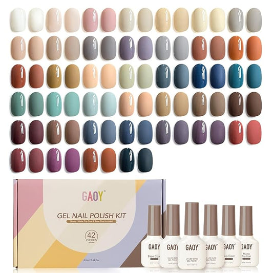 GAOY 42 Pcs Gel Nail Polish Kit, Nude Neutral Blue Burgundy Colors All Seasons Gel Nail Polish Set with Glossy & Matte Top Coat and Base Coat for Salon and DIY Manicure at Home