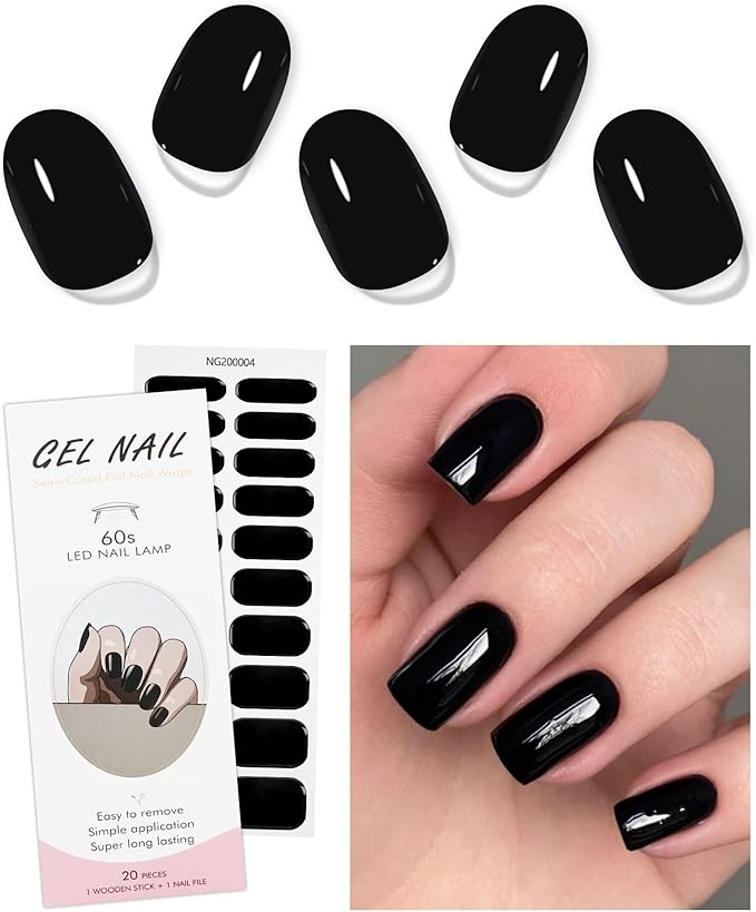 JMEOWIO Semi Cured Gel Nail Strips Black Gel Nail Stickers Nails Art Design Decoration Accessories