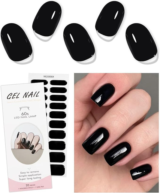 JMEOWIO Semi Cured Gel Nail Strips Black Gel Nail Stickers Nails Art Design Decoration Accessories