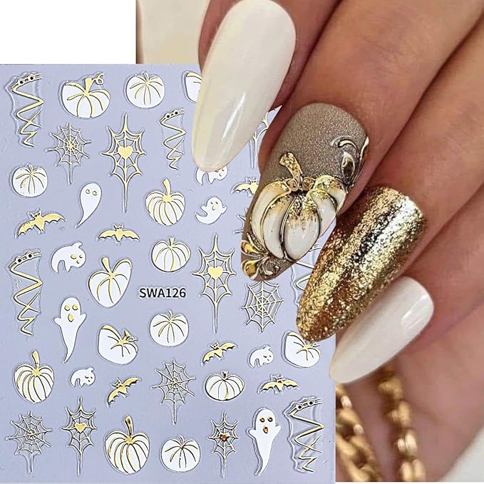 Halloween Pumpkin Nail Art Stickers Decals Fall Maple Leaf Nail Decals 4PCS Ghost Spider Web Bat Fall Leaves Halloween Nails Design 3D Self-Adhesive Nail Stickers for Women DIY Nail Art Decorations