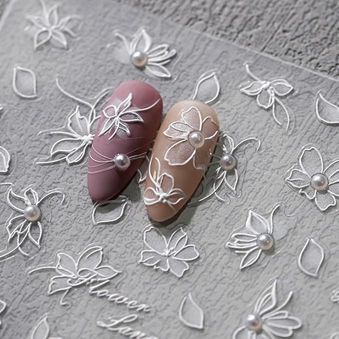 5D Embossed Flower Nail Stickers White Floral Nail Art Stickers Self-Adhesive Pearls Nails Decalsb Spring Summer Nail Art Design Supplies for Women Girls Nails Manicure Decoration