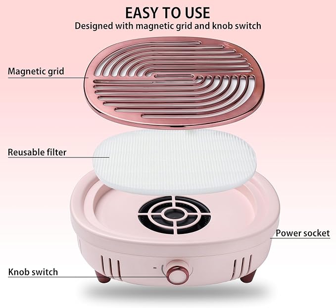 Nail Dust Collector with 2 Reusable Filters Quiet Nail Duster Collector Vacuum Cleaner with Adjustable Suction for Acrylic Nail Powerful Electric Extractor for Salon Home Magnetic Grid (Pink)