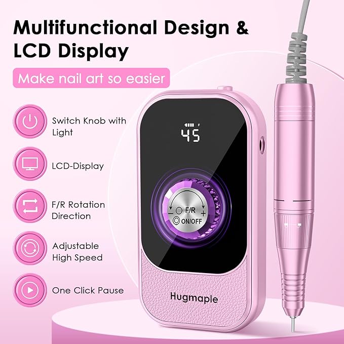 Professional Electric Nail Drill File, HUGMAPLE 45000RPM Portable E-File Machine with Bits & Base, Cordless Rechargeable Nail Drill Kit for Shaping, Removing & Polishing Gel Nails for Salon Home, Pink