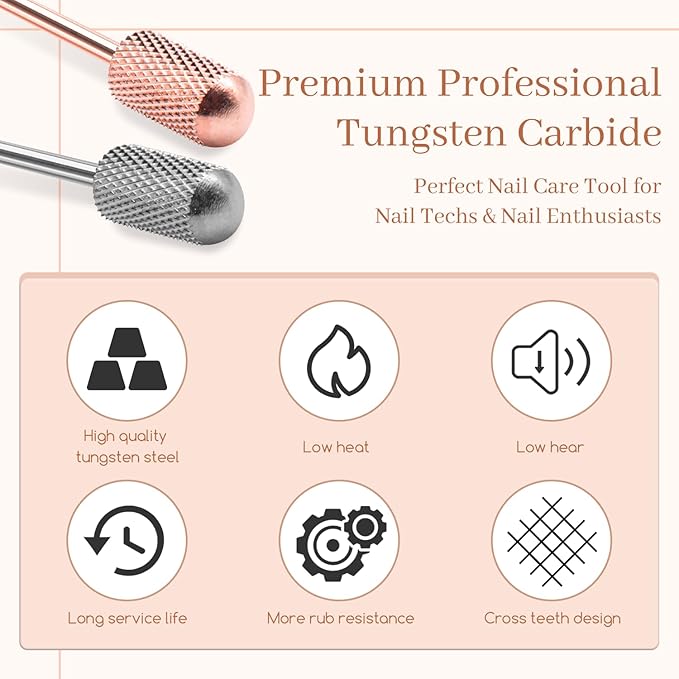 Dill Bits for Nails 2 PCS, 3/32'' Safety Nail Drill Bits, Smooth Top Carbide Bits for Acrylic, Soft Gel, MEDIUM Nail Bit Set for Manicure Pedicure, Beginners Bits, Rose Gold & Sky Grey (M)