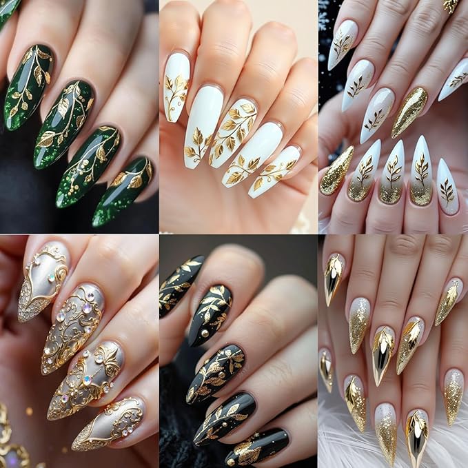 8 Sheets Gold Leaf Nail Stickers Autumn Leaves Nail Decals 3D Thanksgiving Design Fall Nail Art Stickers Gold Flower Vines Snowflake Nail Decoration Accessories for Women DIY Acrylic Nails Salon