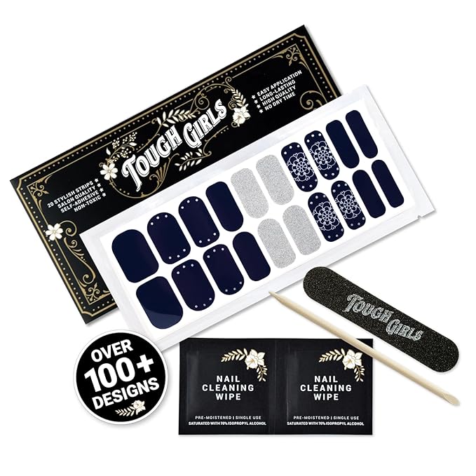 | 20 Exquisite Gel Nail Polish Strips w/Application Accessories - No UV/LED Lamp Required (Navy Elegance)