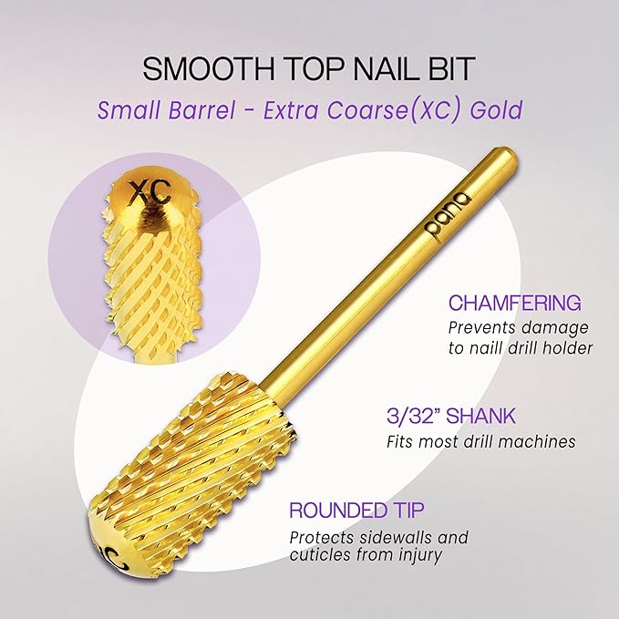 PANA 3/32" Shank Size Smooth Top Small Barrel Carbide - Nail Drill Bit for Dremel Machine Manicure Pedicure Nail Salon Tools Gel Polish & Acrylics Removal (Gold, Extra Coarse)