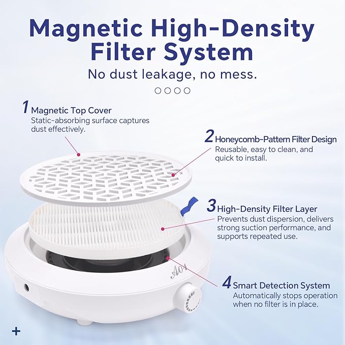 Nail Dust Collector Compact Vacuum Fan Duster with Reusable Filter Low Noise Powerful Vacuum Cleaner for Acrylic Gel Polished Nails, Nail Salon and Home (White)