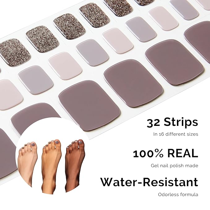 NAILOG Semi Cured Gel Nail Strips, Toe Nail Polish Strips with Glossy Gel Finishing | Buy 3 Get 1 UV Lamp| 32 Pieces Long Lasting Pedi Stickers | Purple & Gray