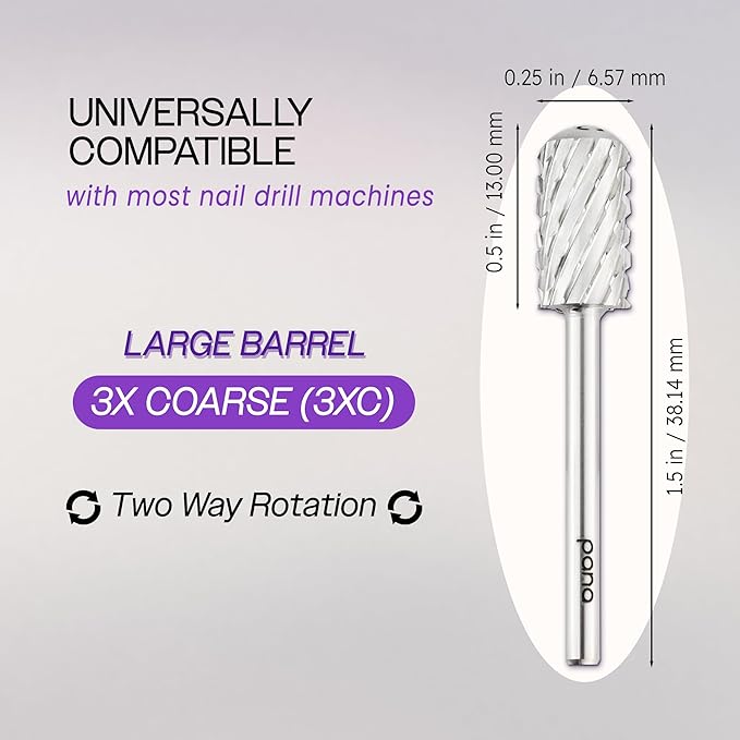 PANA 3/32" Large Smooth Round Top Safety Carbide Nail Drill Bit for Gel Polish & Acrylic Removal Nail Salon Manicure Pedicure Electric File Tools (Large Barrel - Silver, 3X Coarse)