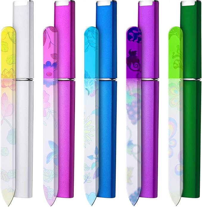 Mudder 5 Pack Glass Nail File with Case for Women Double Sided Crystal Fingernail File for Natural Nails Manicure Care Christmas Stocking Stuffers Gifts(Classic Pattern)