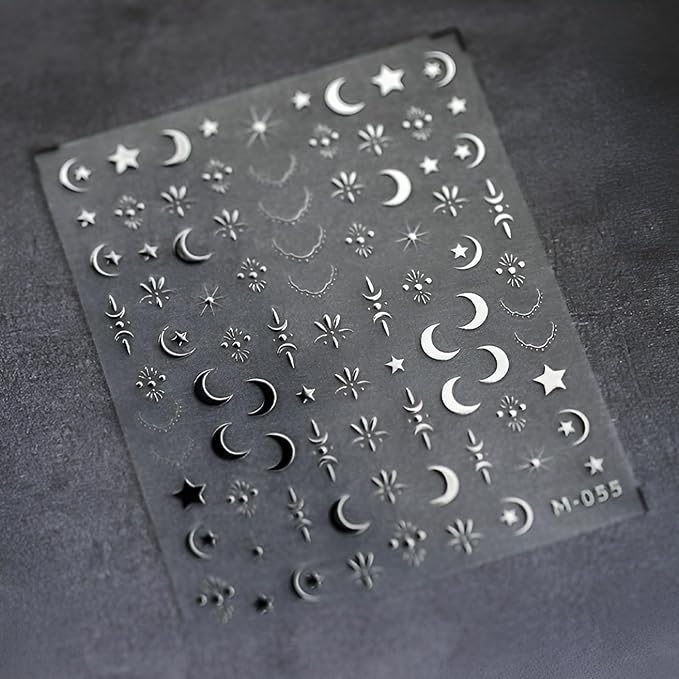 Silver Gold Nail Stickers for Nail Art 3D Self Adhesive Moon Star Nail Art Stickers Silver Moon Star Nail Decals Gold Nail Supplies for Women Girls 2Sheets