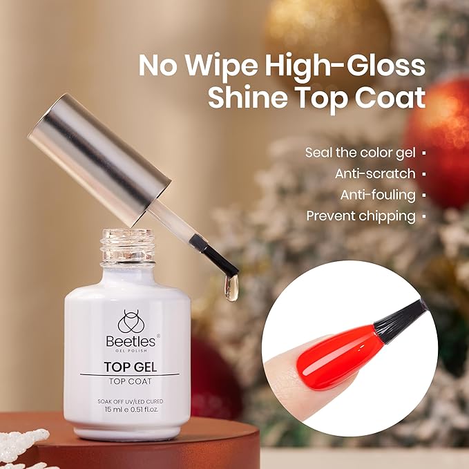 Beetles Christmas Limited Gel Top Set, 2Pcs 15ml Top Coat Gel Nail Polish, No Wipe Long Lasting Shining Glossy Top Coat Nail Manicure Soak off U V Lamp Needed Christmas Nail Gifts for Women