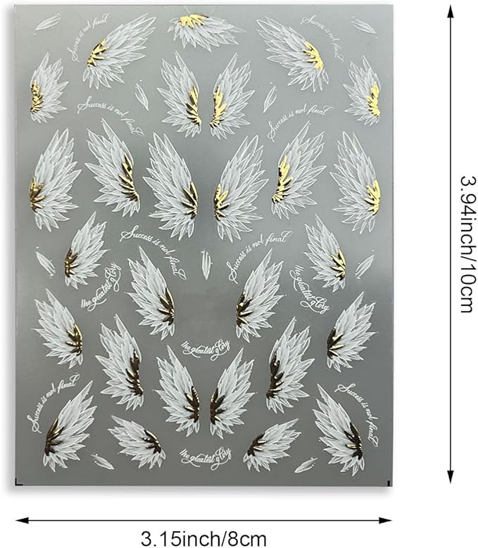 2PCS Angel Wings Nail Art Stickers, White and Gold, 5D Embossed Self-Adhesive Holographic Metal Manicure Decorations for Women