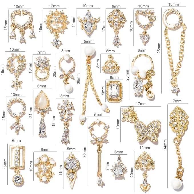 HNUIX Nail Charms and Gems - Gold Copper Zircon, Multiple Shapes, Metal Jewelry Rhinestones Charms, 24Piece