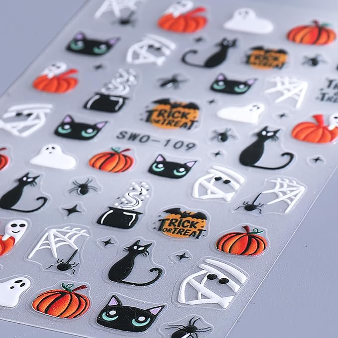4 Sheet Halloween Nail Stickers 5D Embossed Nail Art Stickers Decals with Spider Web Pumpkin Design Ghost Mummy Nail Stickers for Nail Art Self-Adhesive Nails Supplies for Women Manicure Decor
