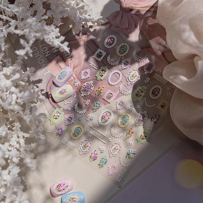 1 Sheets 5D Retro Flower Nail Art Stickers Spring Summer Floral Nail Decals Embossed Picture Frame Tulip Nail Design Supplies Colorful Daisy Nail Stickers for Women DIY Acrylic Nail Accessories