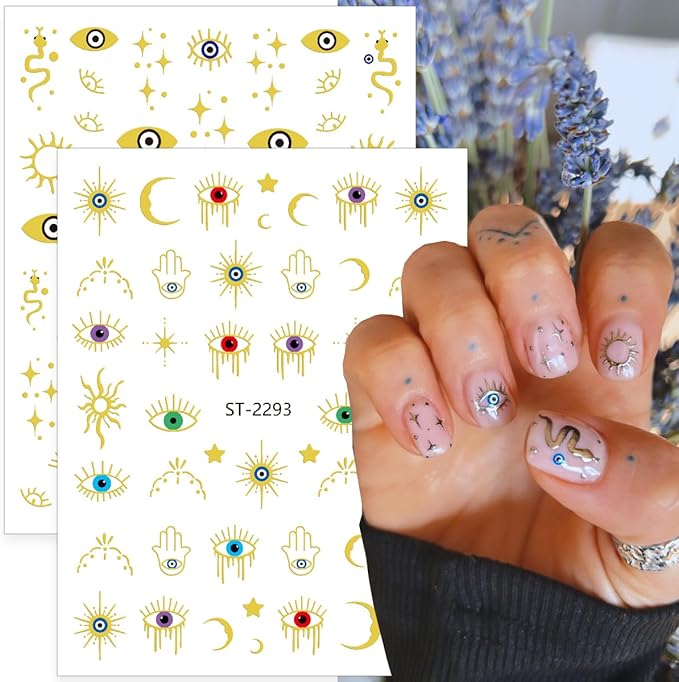 Evil Eye Nail Art Stickers 6Sheets Gothic Snake Star Sun Nail Stickers Gold Silver Blue Eye Nails Design 3D Self Adhesive Nail Art Supplies Halloween Nails Decals for Women DIY Manicure Decoration