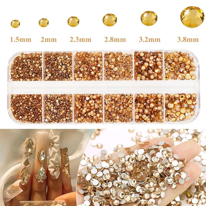 3600Pcs Champagne Gold Nail Rhinestones, MultiShapes Flatback Crystal Gems Stones, 1.5-4mm Half-Round Bedazzling Beads, Glass Diamond Jewels for DIY Nails Bling Decoration