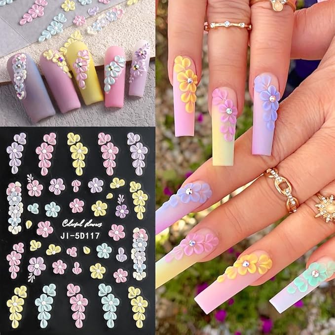 Flower Nail Art Stickers Decals 5 Sheets Pink White Colorful Summer Floral Leaf Blossom 5D Embossed Nail Decals Self-Adhesive Nails Supply Manicure Sliders for Women Girls DIY Nail Art Decorations