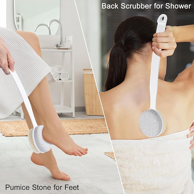 Pumice Stone and Shower Brush with Long Handle, 2 Pack Hard Skin Callus Remover, 2 in 1 Foot Scrubber, Back Scrubber for Shower Deep Cleansing and Exfoliating, Dry Brushing Body Brush (Curved)