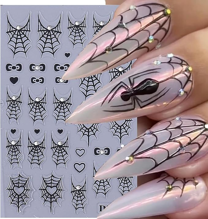4PCS Halloween Nail Art Stickers Black Spider Web Spider Nail Decals with Rhinestone Crystal Spider Web Spider Nail Stickers Cute Bow Heart Halloween Nail Art Supplies for Women Manicure Decorations