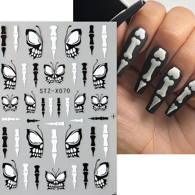 Halloween Nail Art Stickers 3D Self -Adhesive Glitter Powder French Heart Spider Web Nail Decals Holographic Black White Butterfly Wings Ghost Design Nail Stickers Halloween Nail Decoration for Women