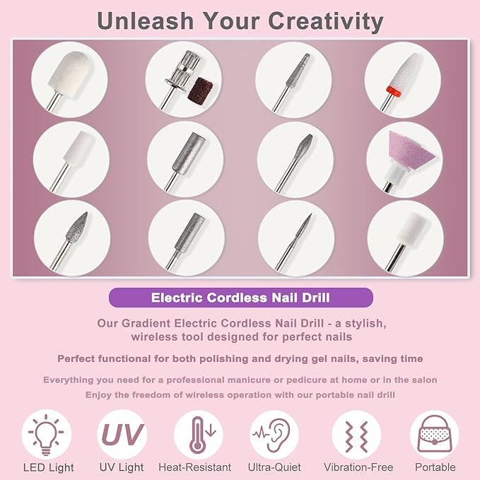 Electric Cordless Nail Drill with UV & LED Lights - 12+ Bits Kit for Gel/Acrylic/Dip Nails, Rechargeable Portable Nail File, 5 Speeds, Salon & Home Use (Gradient)