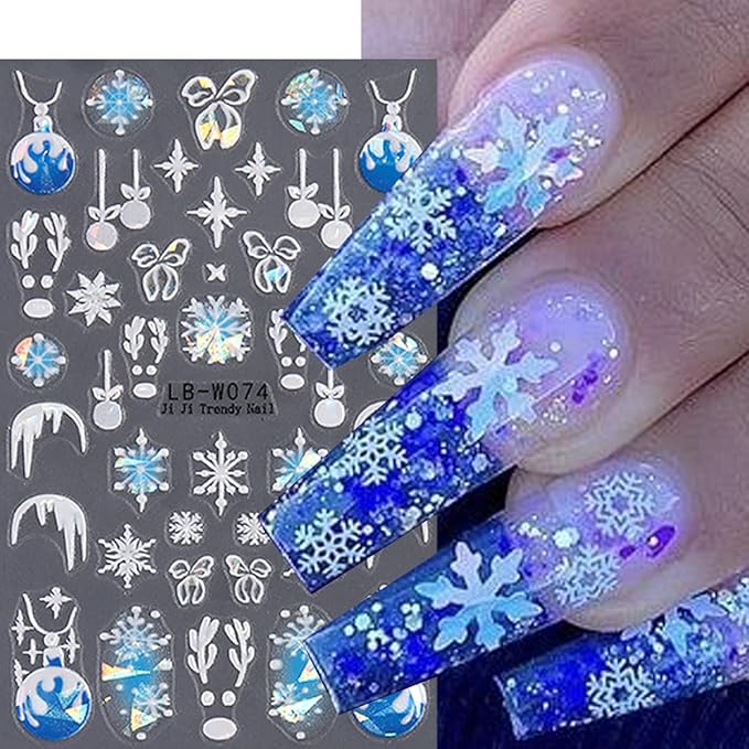 6 Sheets Snowflake Nail Art Stickers Christmas Santa Hat Nail Decals Aurora Gingerbread Man Bell Nail Design 3D Self Adhesive Cute Nail Stickers for Women Decoration Manicure Supplies