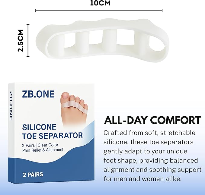 ZB.ONE Toe Separators/Toe Spacers for Women & Men, Stretchy & Flexible Toe Separator for Pedicure and Comfort, Silicon Toe Separator for Bunion Relief, Toe Spacers for Athletic Mobility, White 2 Pairs