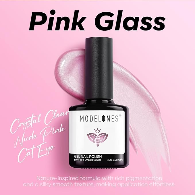 modelones Pink Cat Eye Gel Polish, 15 ML Glitter Holographic Jelly Glass Cat Eye Summer Light Rose Funny Bunny Color Shimmer Reflective Translucent U v Gel Magnetic Nail Polish Top Coat for Women Girl