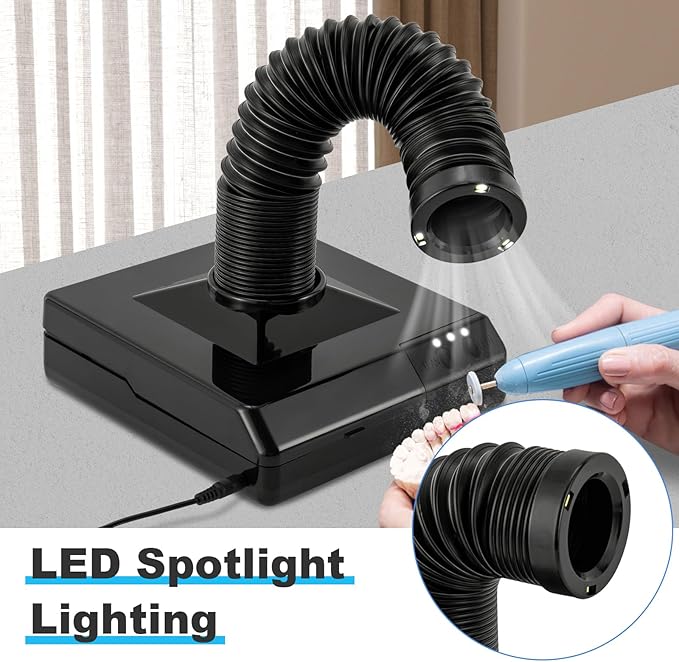 Nail Dust Collector, 60W Dental Polishing Dust Collector with Fan and LED Dual Function Low Noise Dust Suction Machine with Large Caliber Vacuum Cleaner Hose(2.4 In) for Dental Lab Nail Salon (Black)